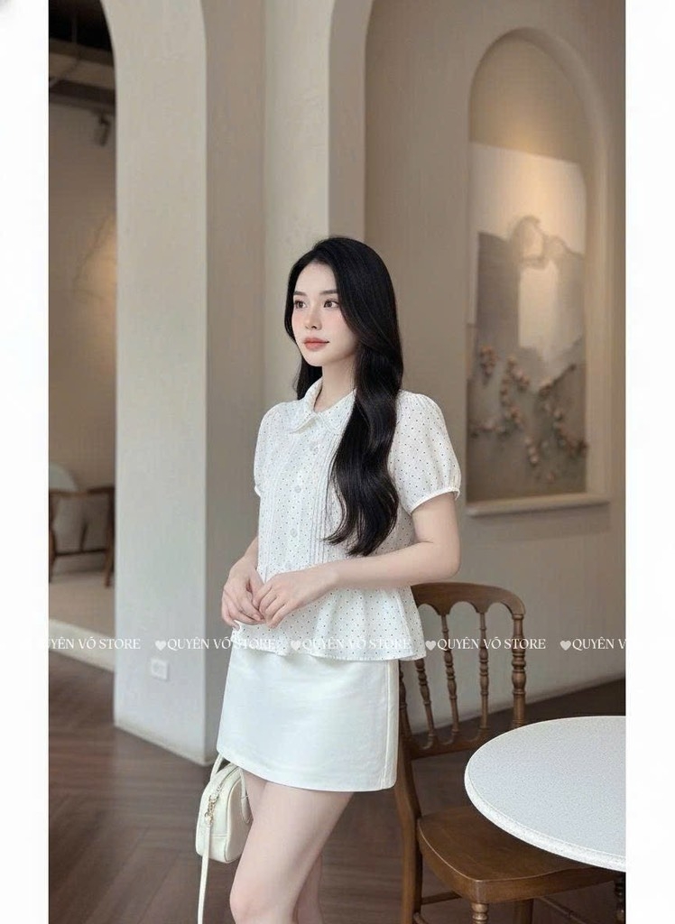 Áo sơ mi babydoll viền bi - Trắng 1465