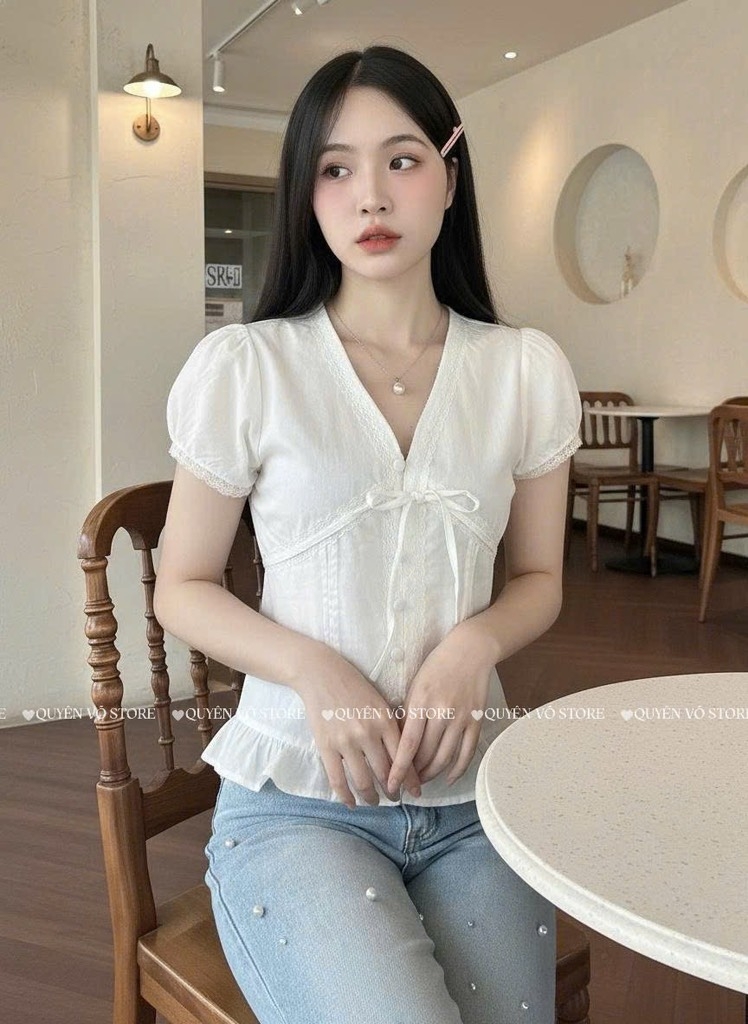Áo sơ mi babydoll nút bọc viền ren trơn - Trắng 1445