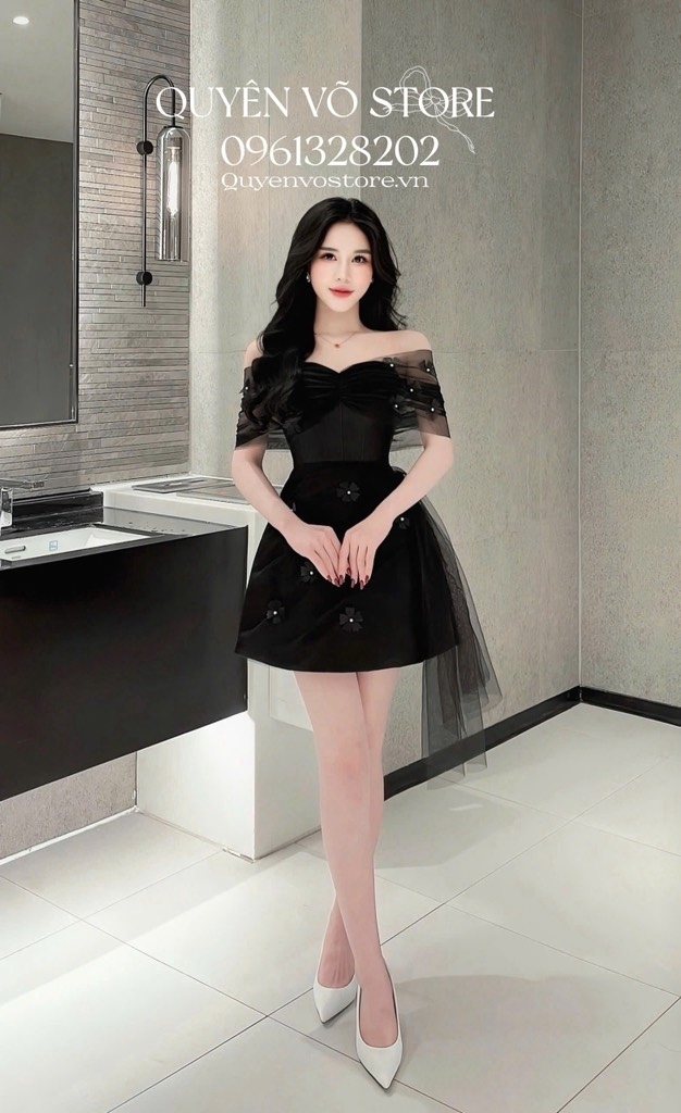 Đầm trễ vai lưới đính hoa - Đen
