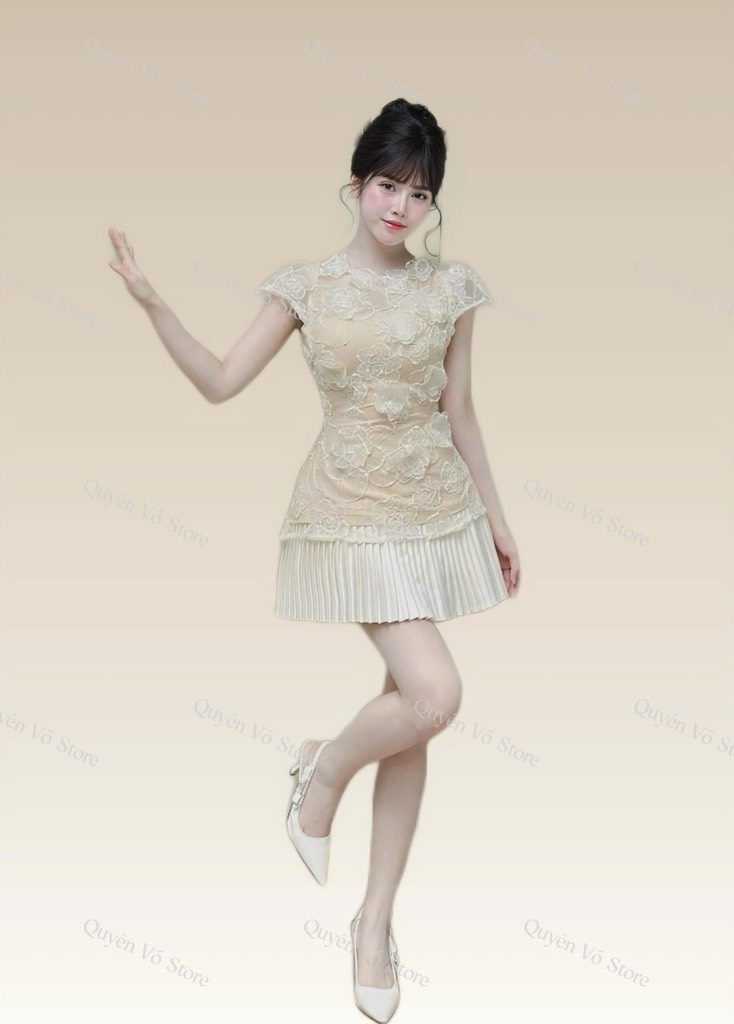 Set áo ren chân váy dập li