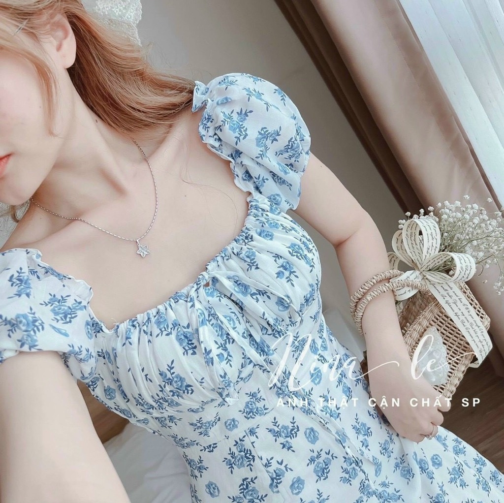 Đầm maxi hoa xanh midi nhíu ngực