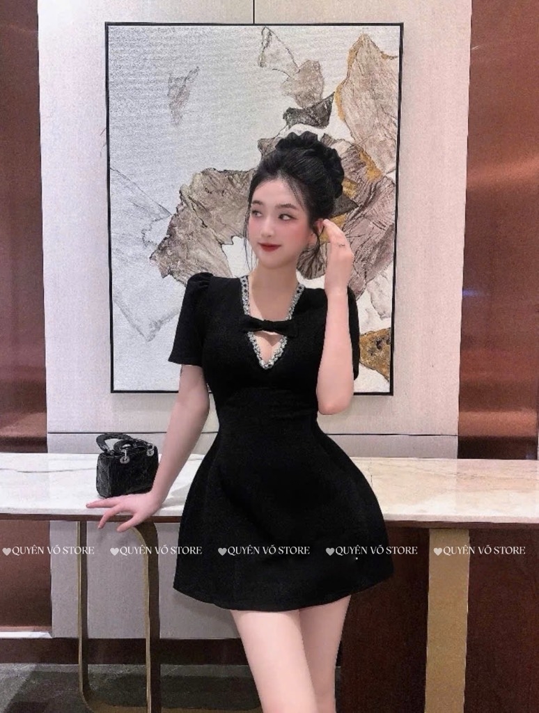 Đầm tafta cổ V đính đá - 1070