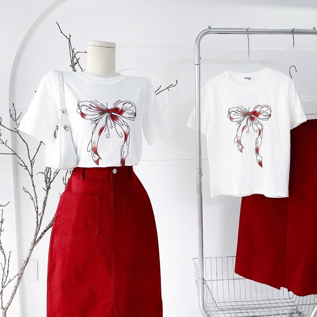 Set áo thun in x chân váy dài đỏ