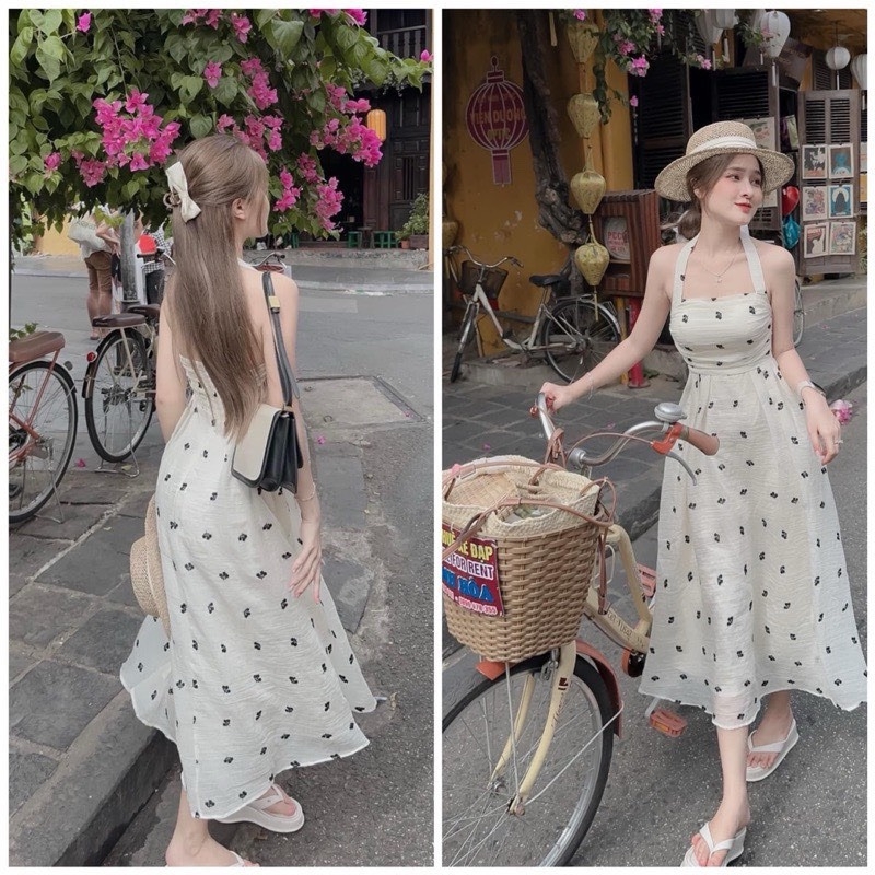 Đầm midi trắng nền hoa cổ yếm  - Freesize