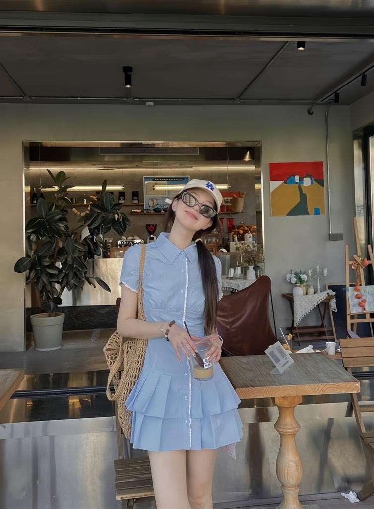 Đầm sơ mi xanh xếp li