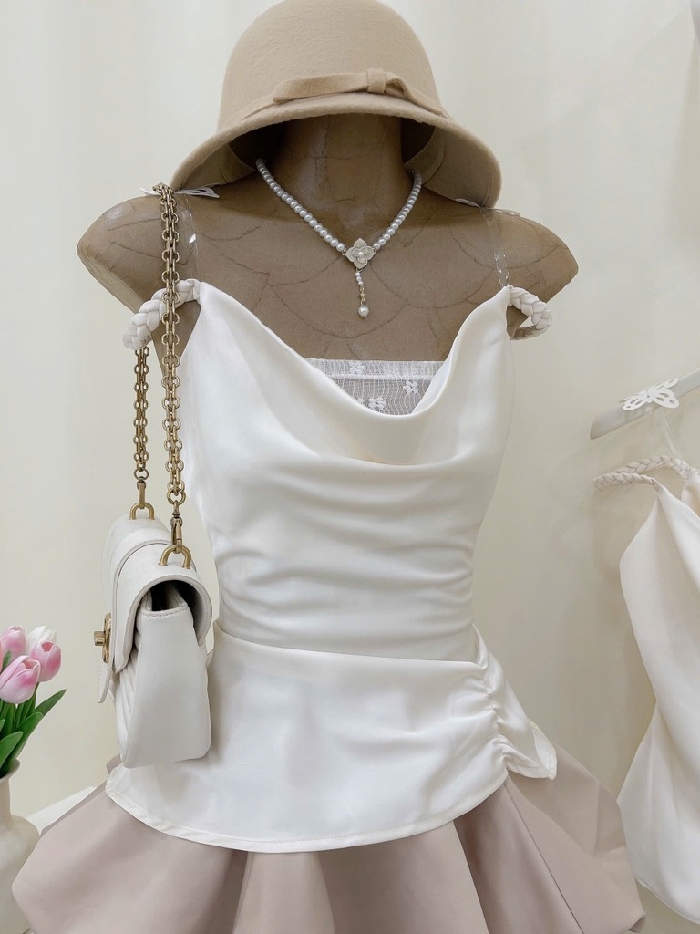 Set áo 2 dây chân váy bí nude tiểu thư