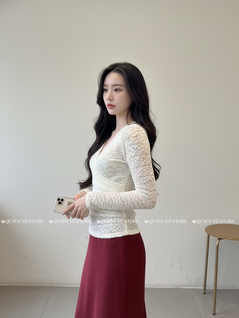 Áo ren ôm body đắp chéo - Kem 1506