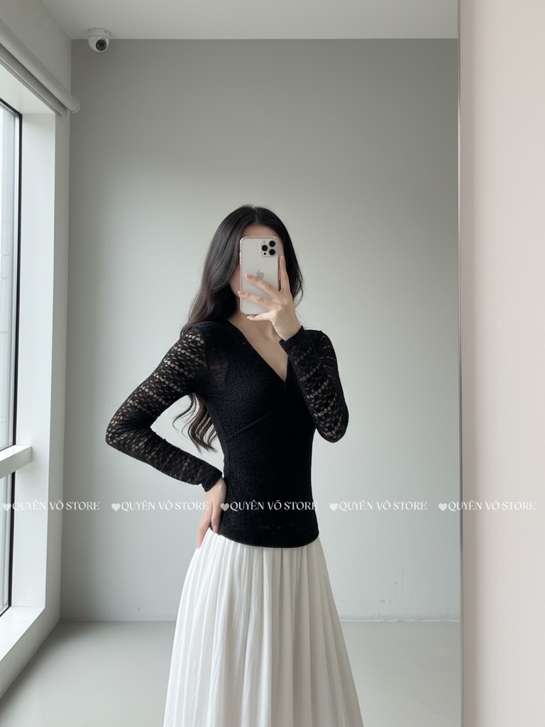 Áo ren ôm body đắp chéo - Đen 1506