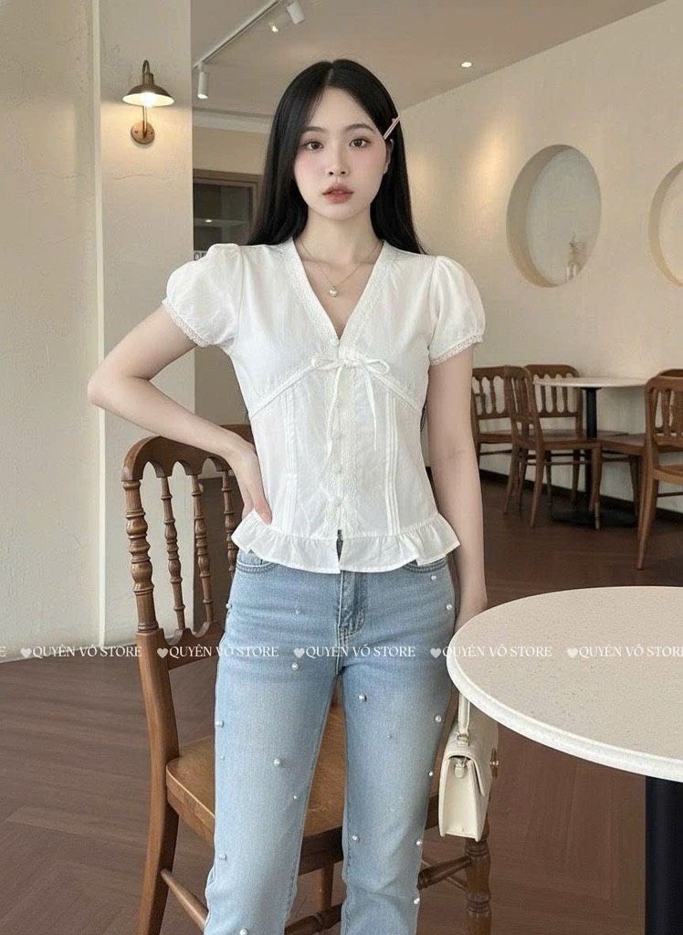 Áo sơ mi babydoll nút bọc viền ren trơn - Trắng 1445