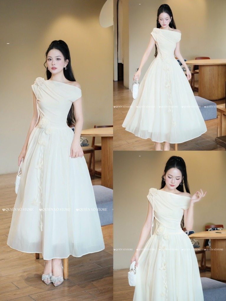 Đầm chéo lệch vai dáng dài