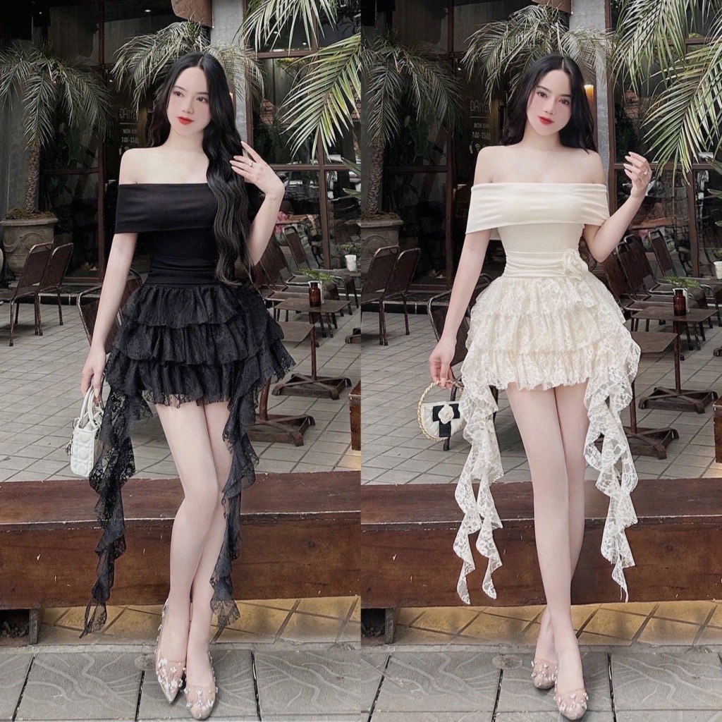 Đầm trễ vai ren tua - Đen
