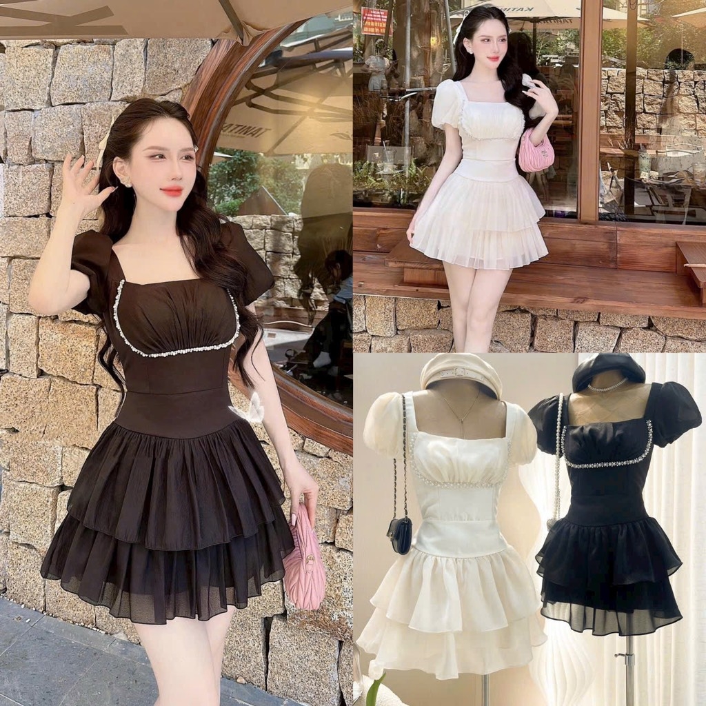 Đầm tơ đính đá ngực - Đen