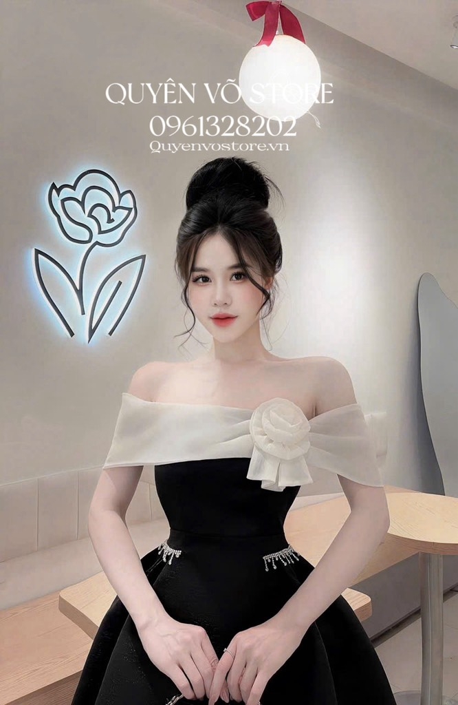 Đầm tafta trễ vai hoa hồng - Đen
