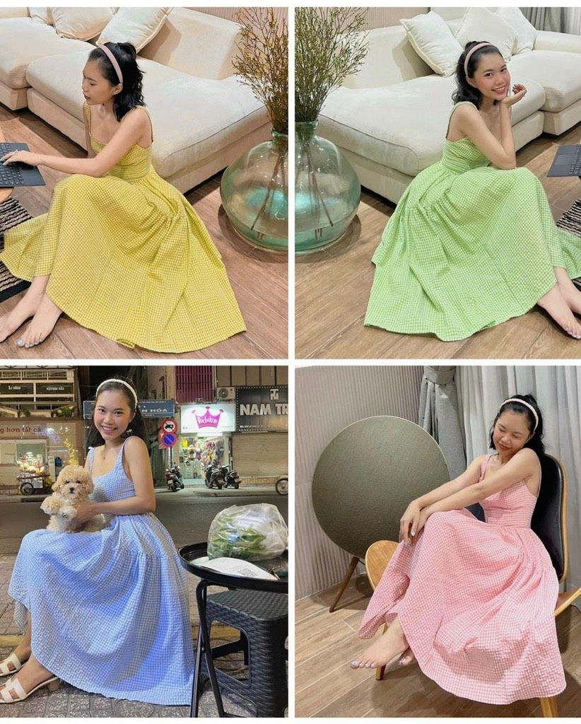Đầm maxi caro 2 dây bản