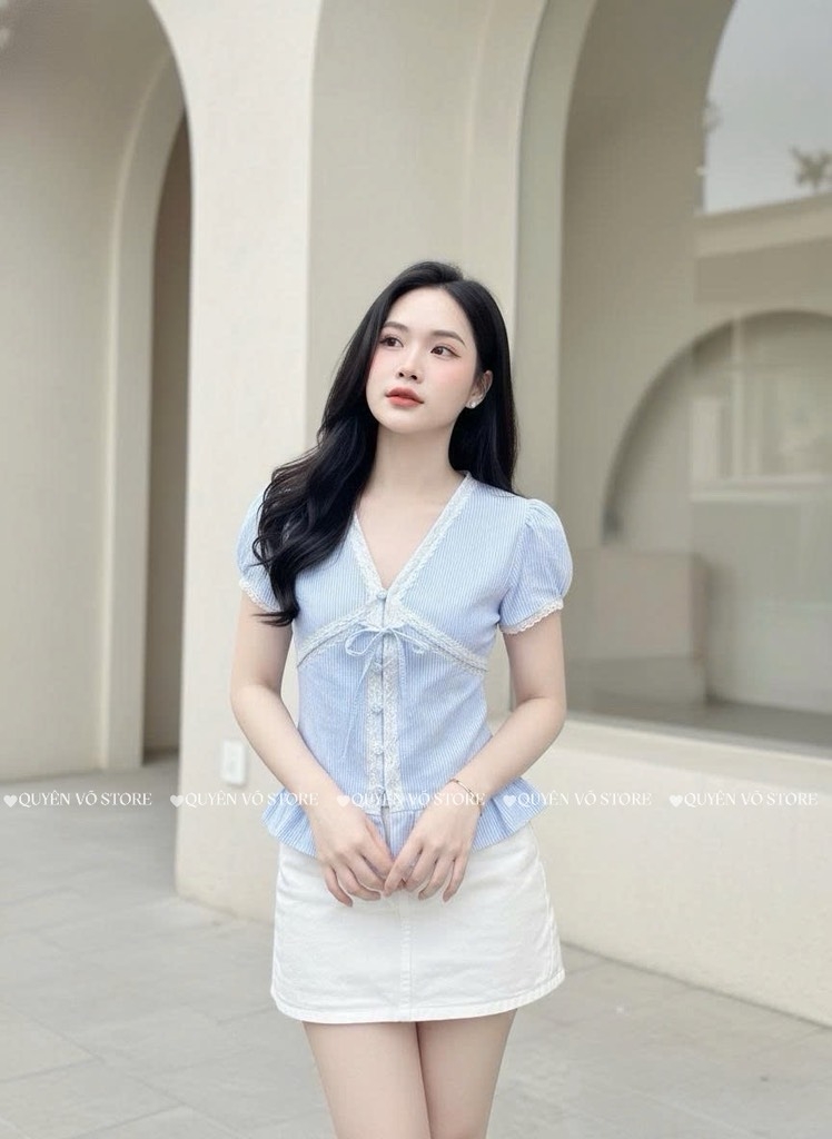 Áo sơ mi babydoll viền ren sọc - Xanh 1445