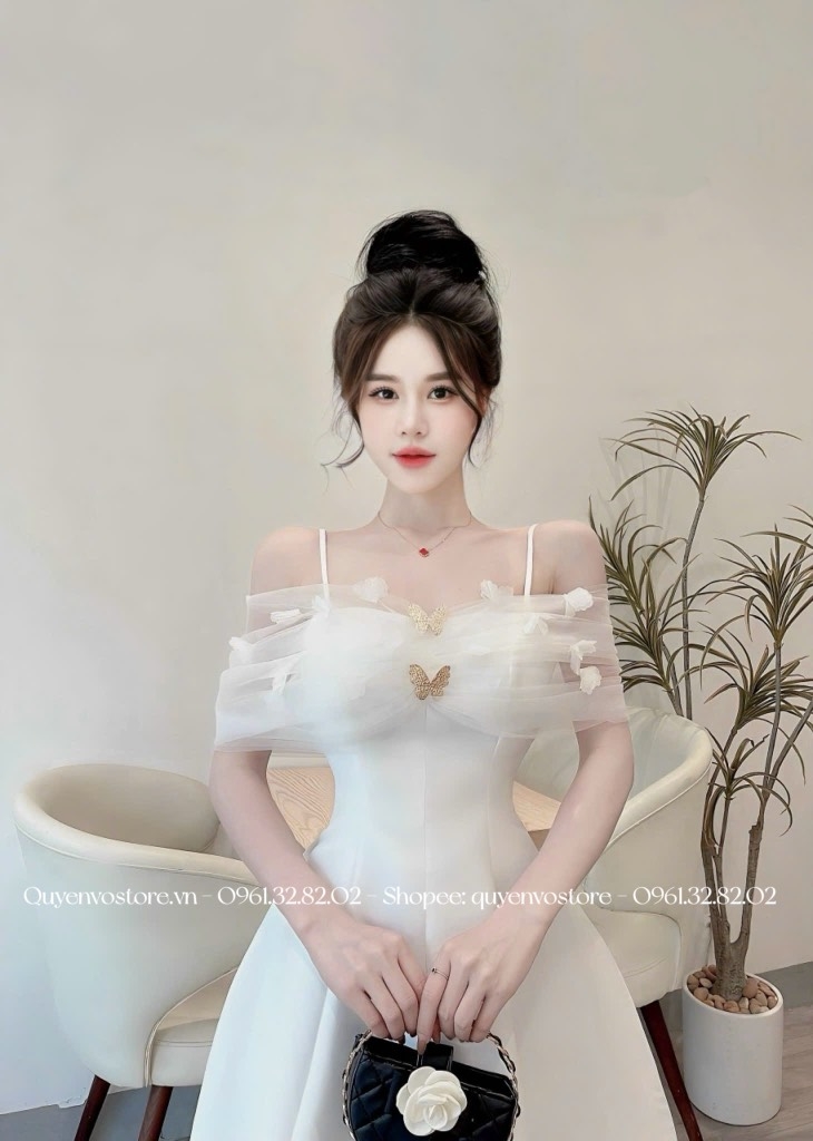 Đầm tafta trễ vai lưới bướm