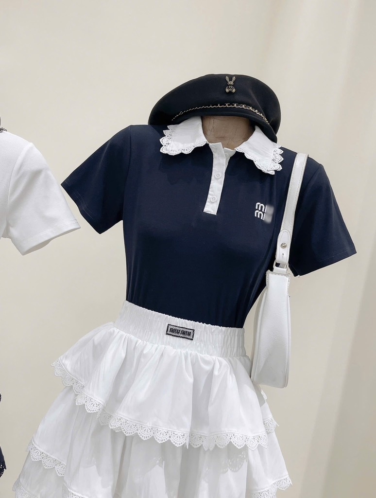Set áo cổ polo chân váy tầng xòe - Đen