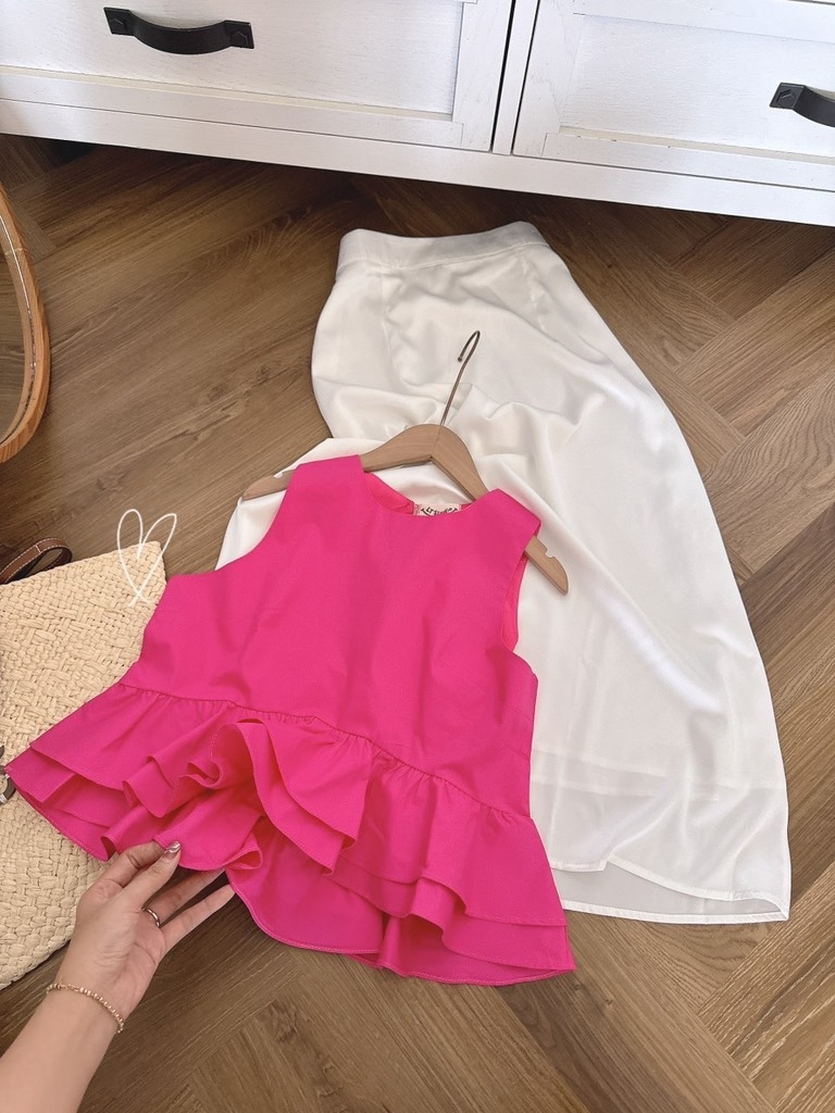 Set áo hồng peplum x chân váy midi  - Freesize