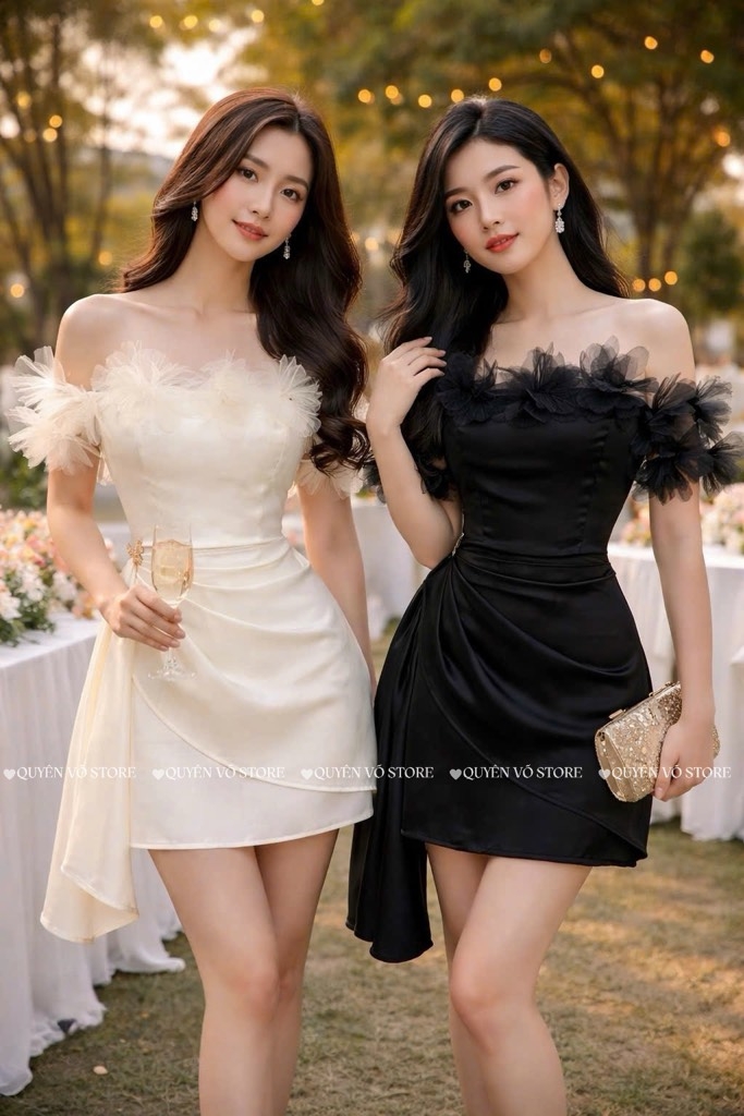 Đầm trễ vai hoa lụa chéo - Đen