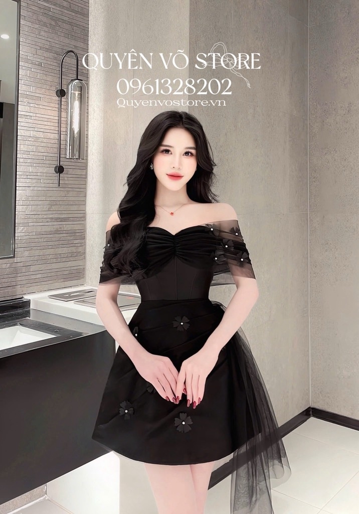 Đầm trễ vai lưới đính hoa - Đen