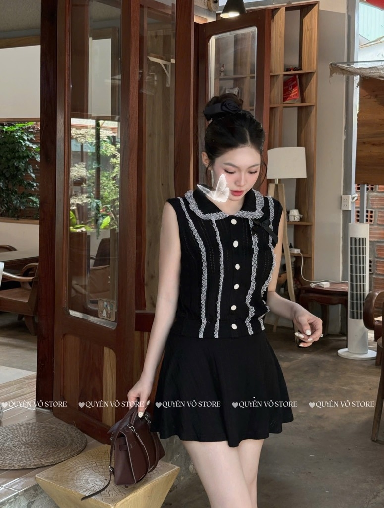 Set áo cổ sen kẹp ren - 545 - Be