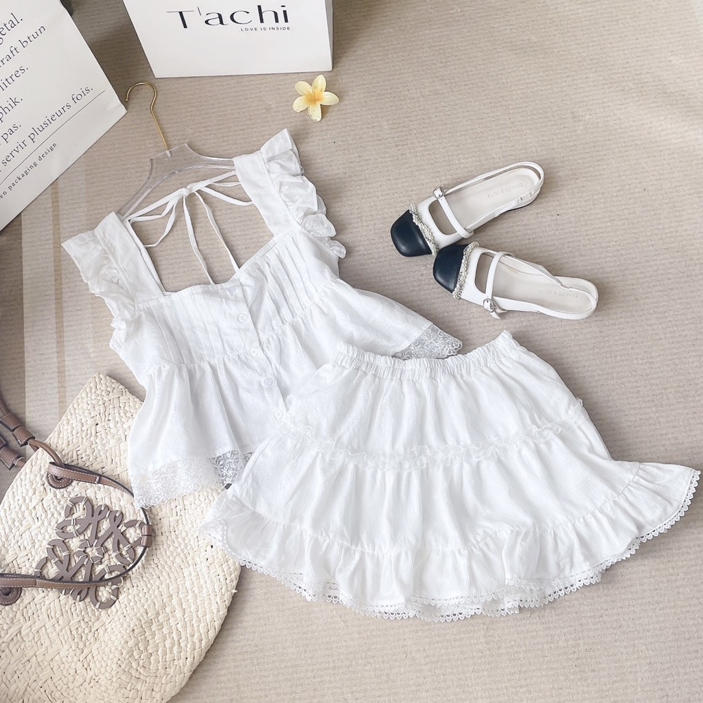 Set áo Babydoll tay tiên bèo chân váy viền ren