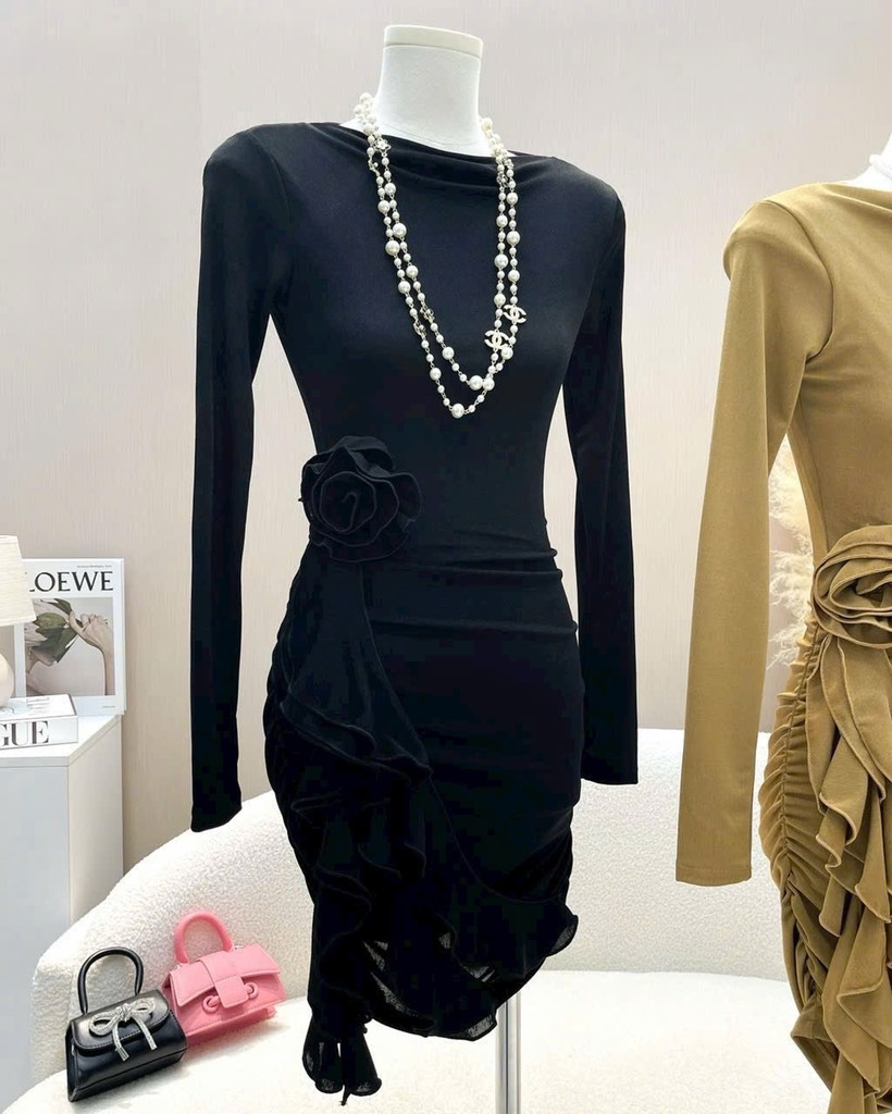 Đầm ôm body thun ánh kim - Nâu