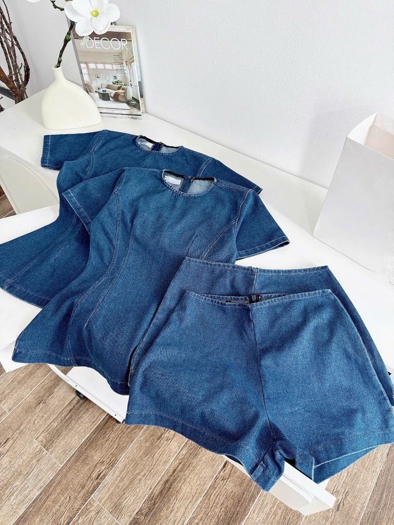 Set jean áo peplum quần short