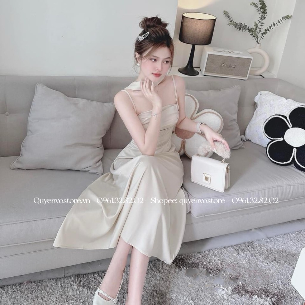 Đầm lụa 2 dây đáp cổ li ngực