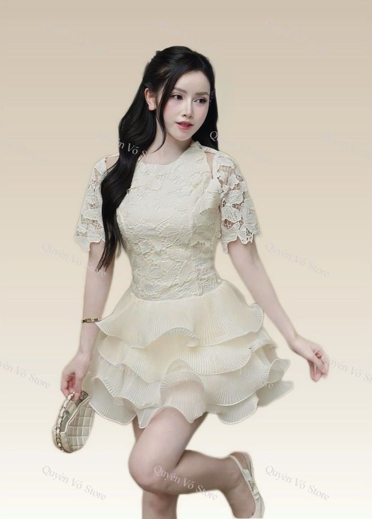 Đầm ren tay lững khoét vai chân váy bèo
