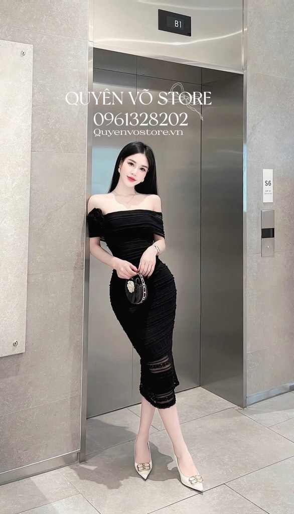 Đầm ôm body ren trễ vai - Đen