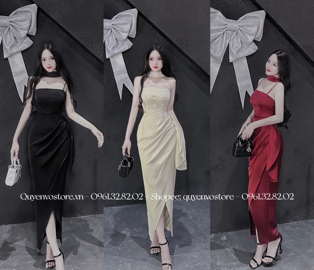 Đầm lụa 2 dây tà xếp li ngực đáp cổ
