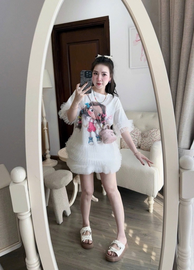 Đầm suông lai voan cô gái - trắng