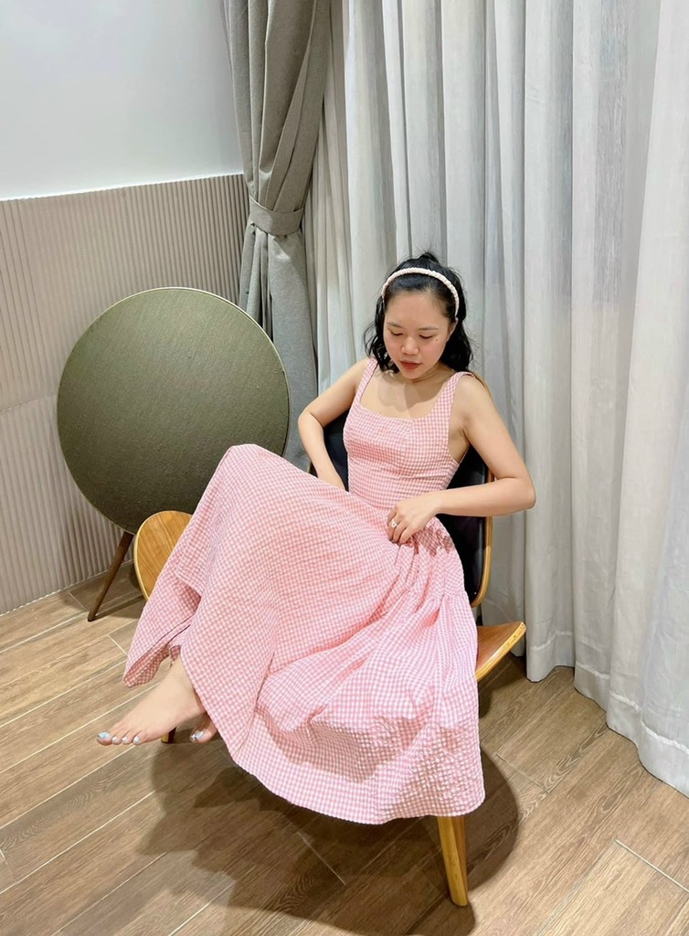 Đầm maxi caro 2 dây bản