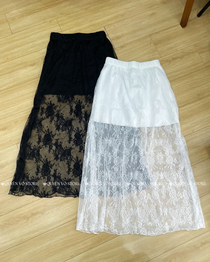 Chân váy ren xòe A dáng dài - Trắng