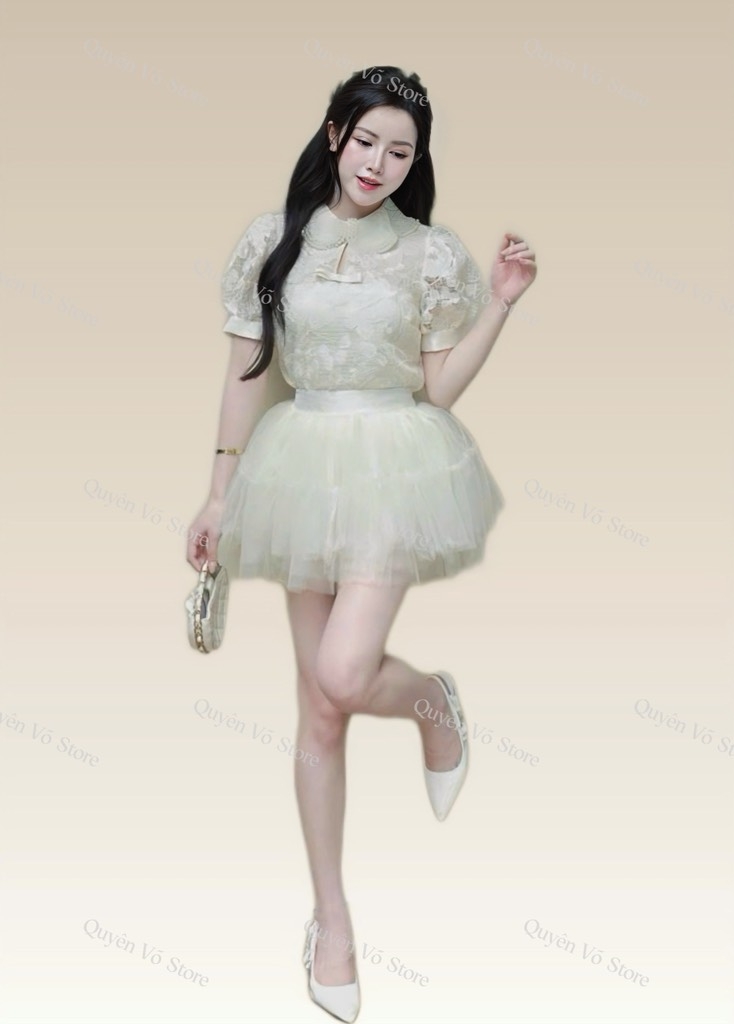 Set áo ren cổ ngọc chân váy lưới