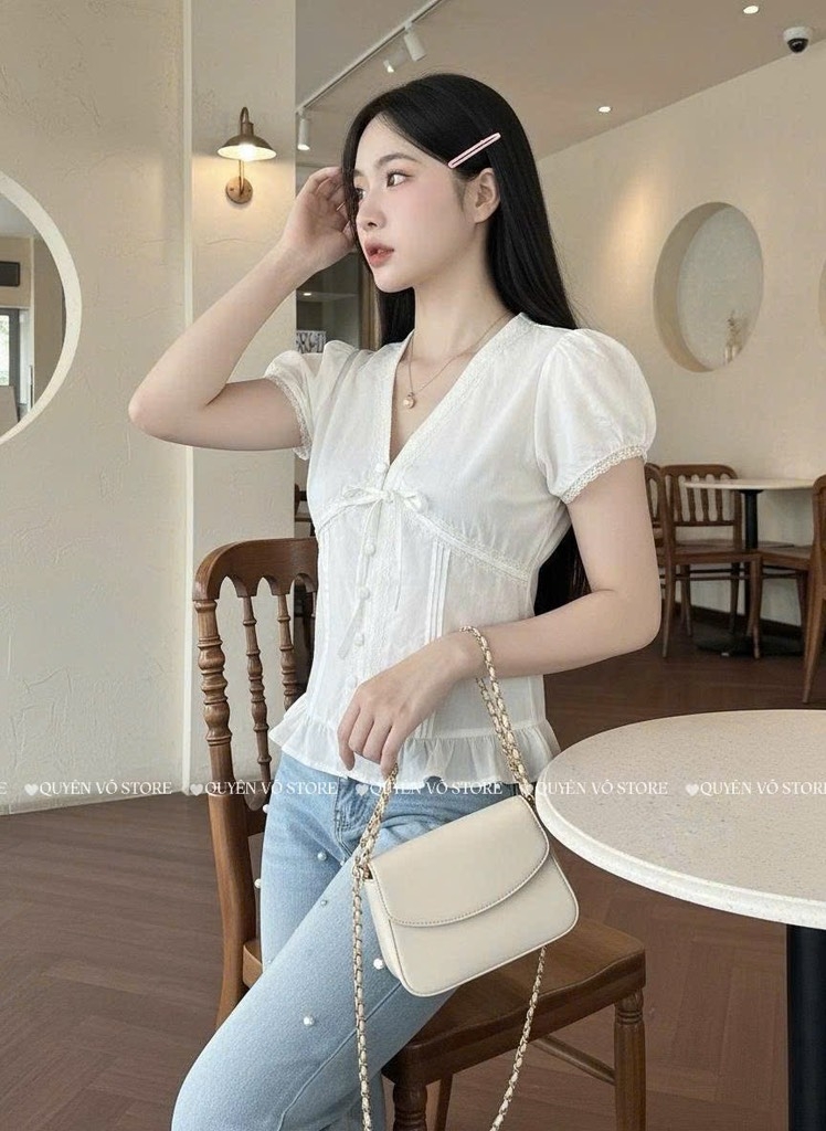 Áo sơ mi babydoll nút bọc viền ren trơn - Trắng 1445