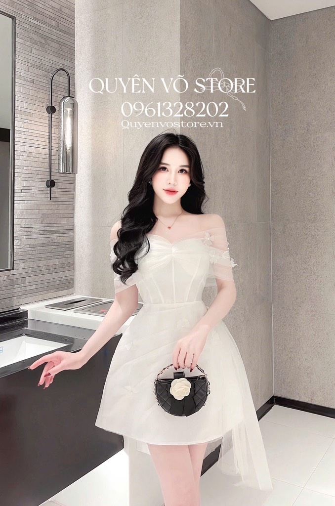 Đầm trễ vai lưới đính hoa - Trắng