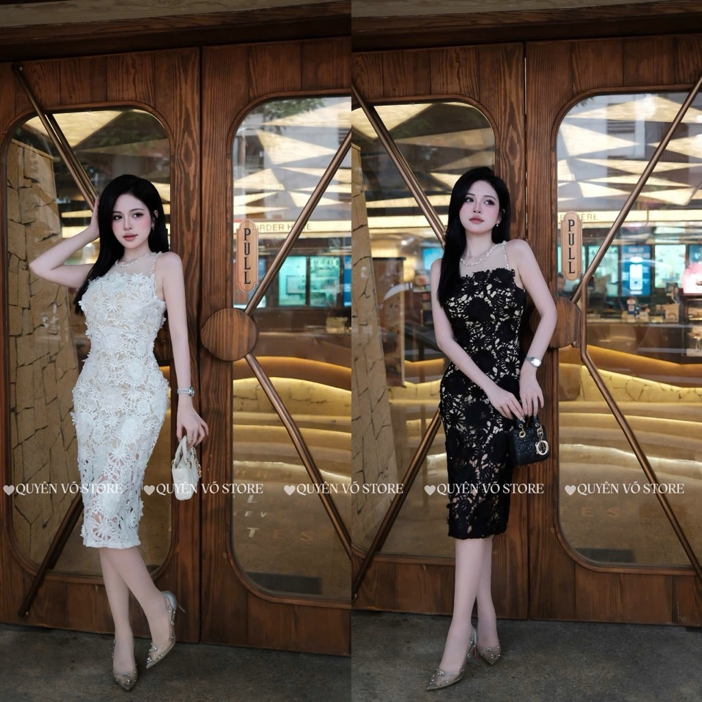 Đầm ôm body ren đính đá - Đen