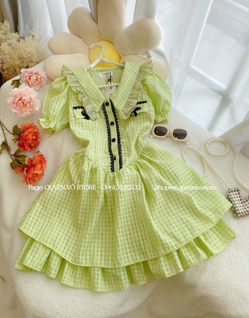Đầm xanh chất gân ô