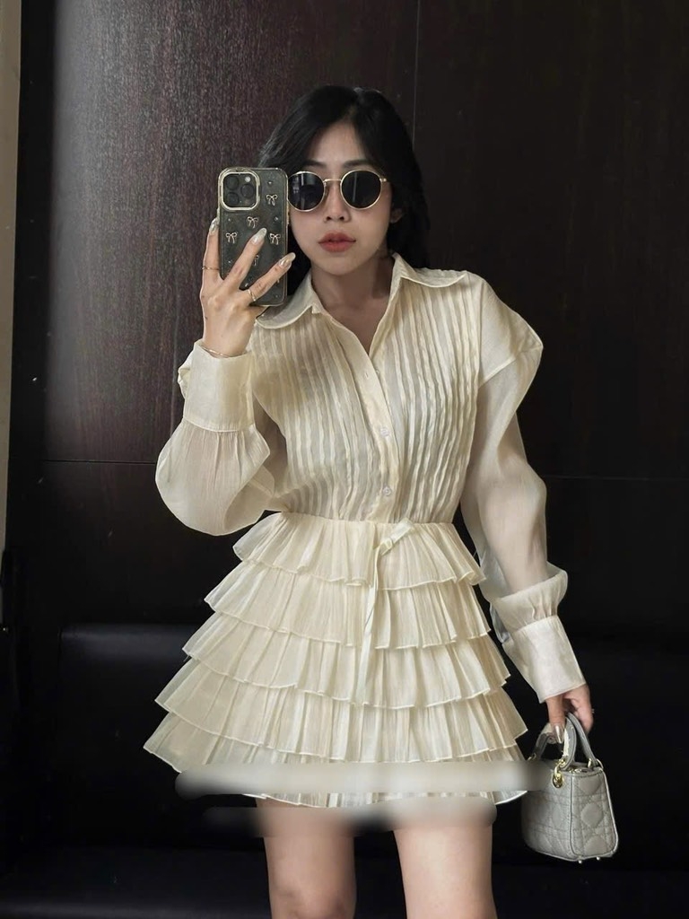 Set sơ mi voan xếp ly x chân váy nhiều tầng
