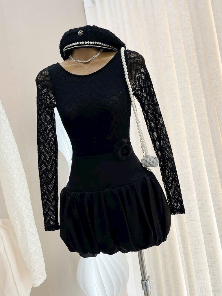Set ren tay dài bodysuit chân váy bồng bềnh - S