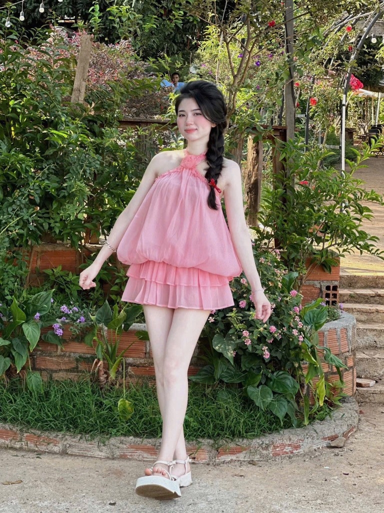 Set áo voan hồng cổ yếm chân váy xòe tầng