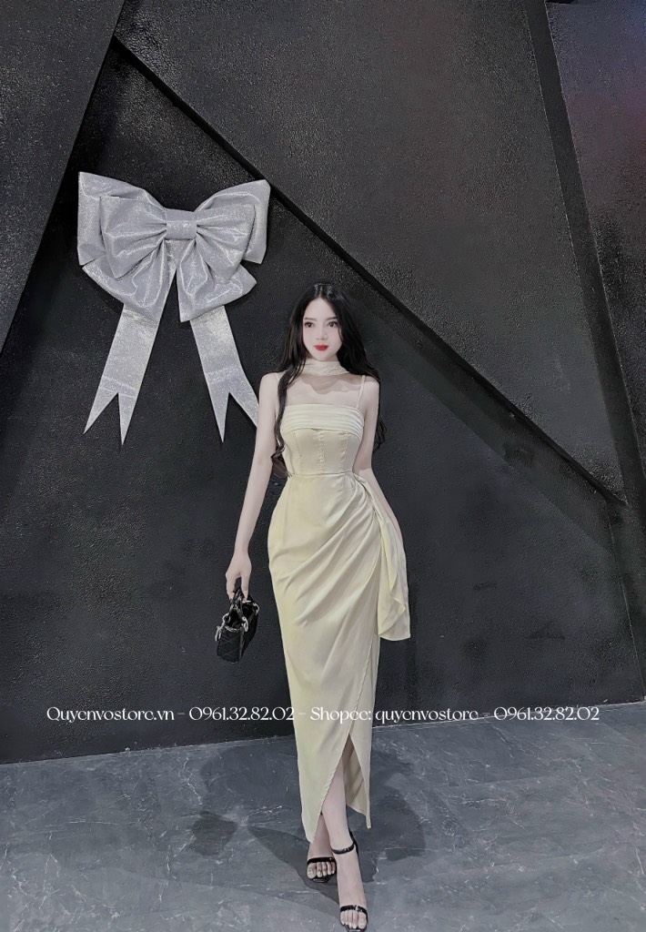Đầm lụa 2 dây tà xếp li ngực đáp cổ