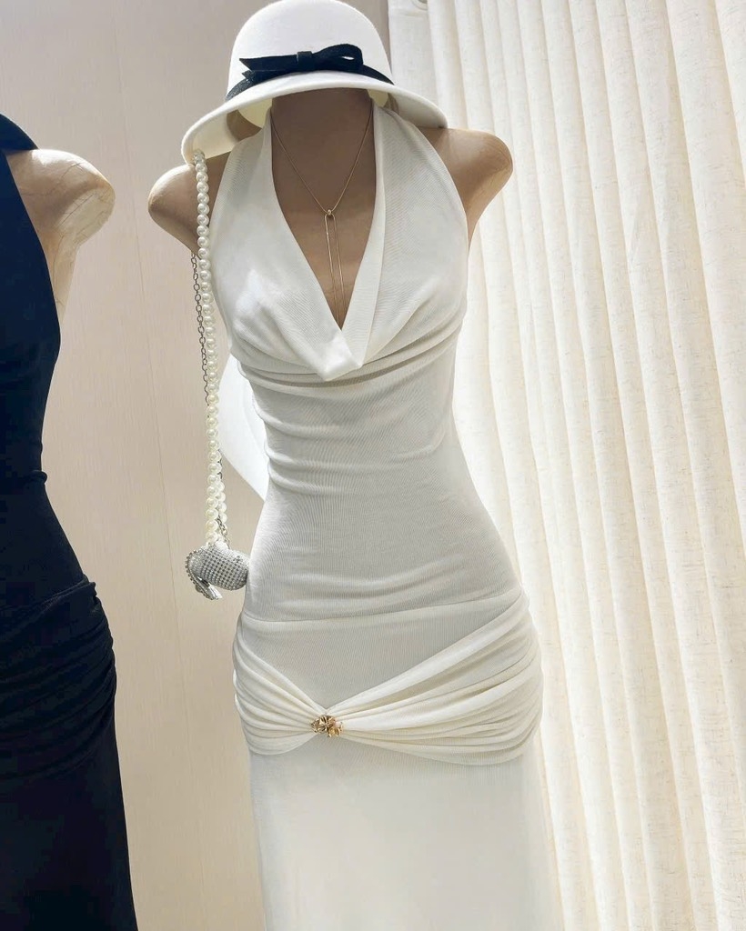 Đầm ôm body maxi thun ánh kim cổ đỗ trước