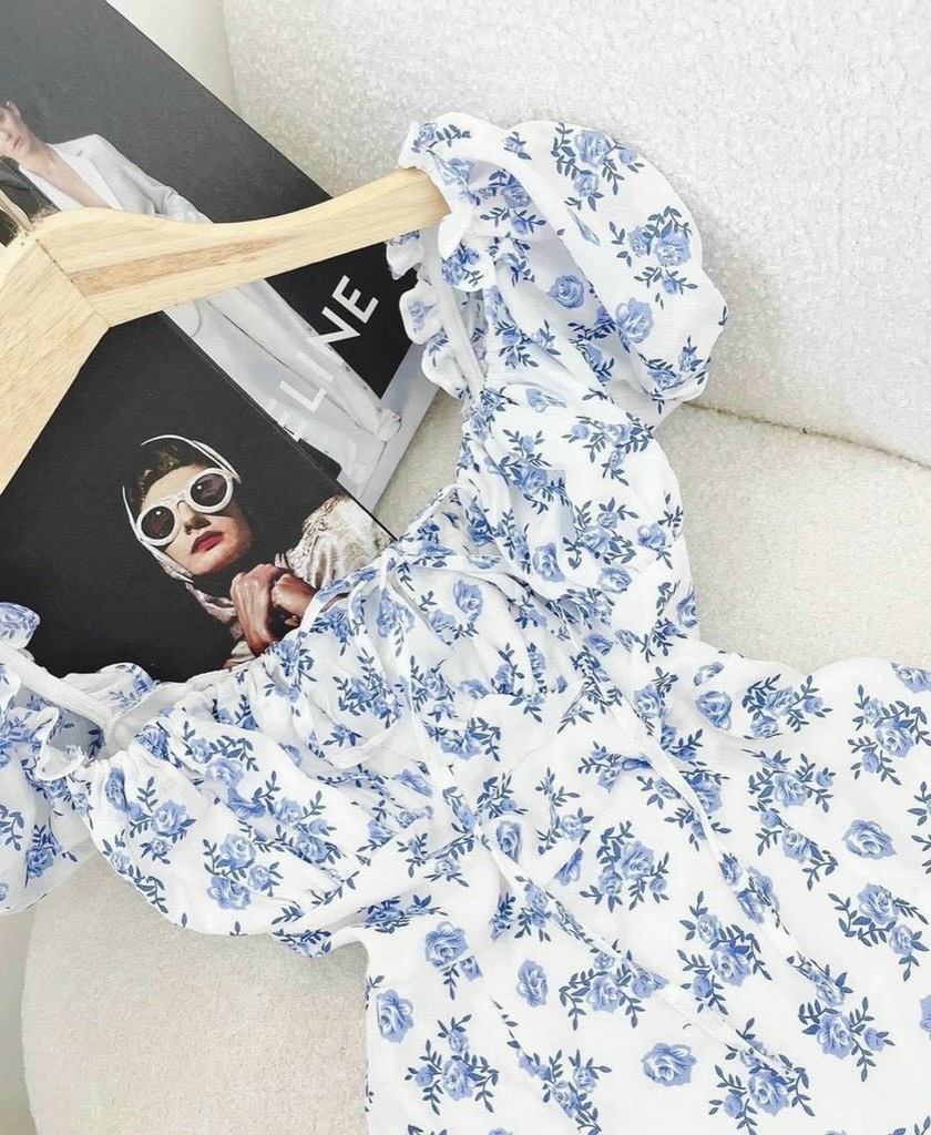 Đầm maxi hoa xanh midi nhíu ngực