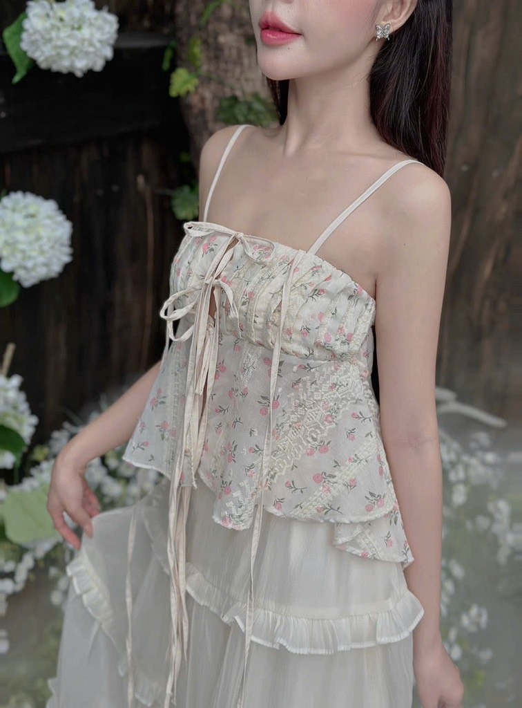 Set áo xô thêu áo 2 dây cột Babydoll chân váy maxi