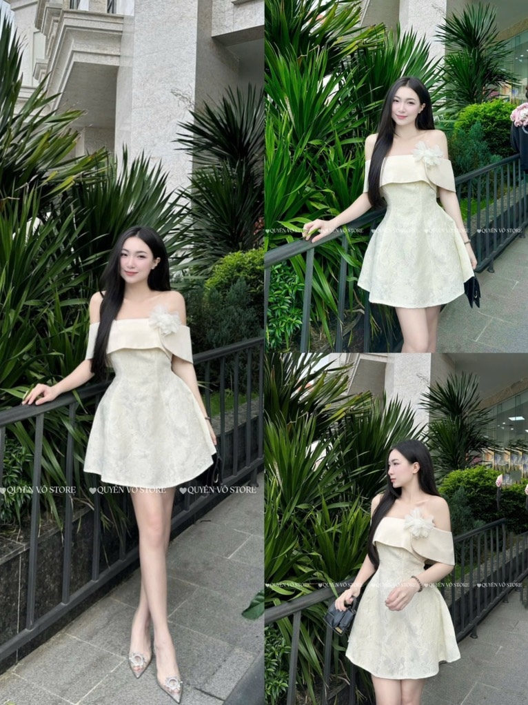 Đầm trễ vai hoa dáng xòe - Kem