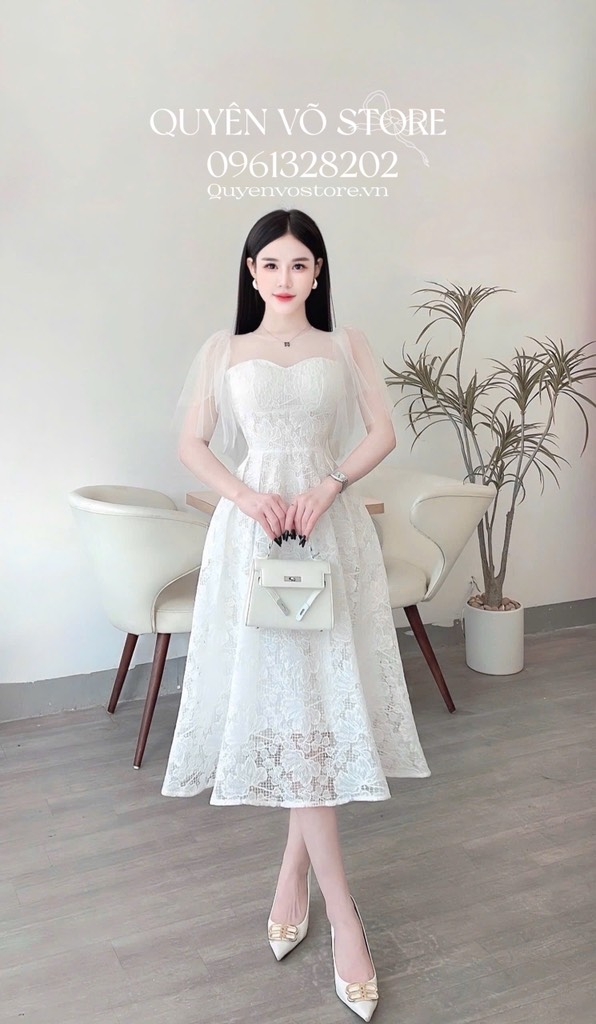 Đầm ren voan tay tiên cổ tròn - Trắng