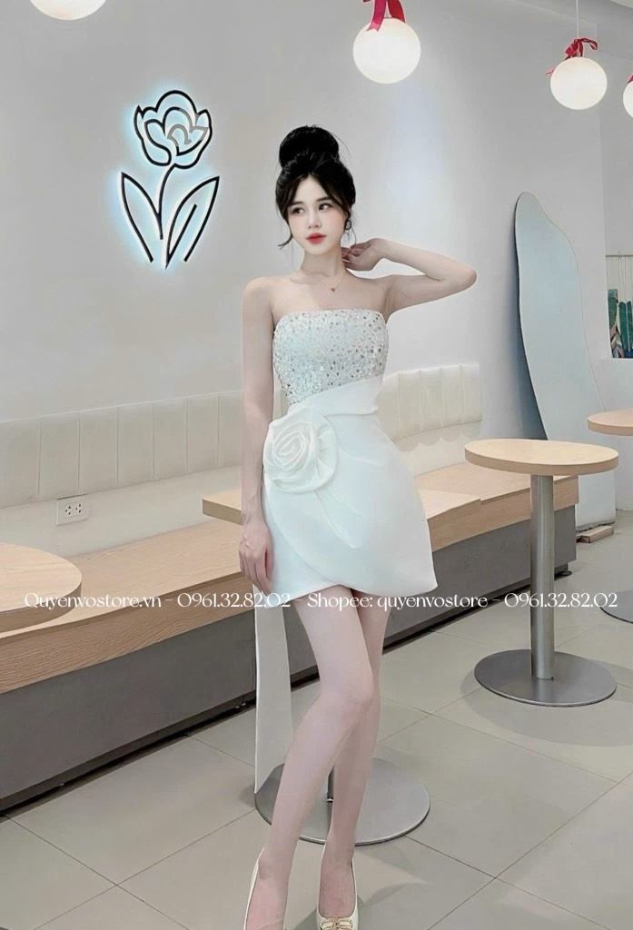 Đầm cúp ngực kim sa hoa hồng - S